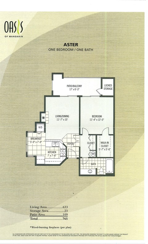 Floor plan for 1 bed, 1 bath, 765 sqft